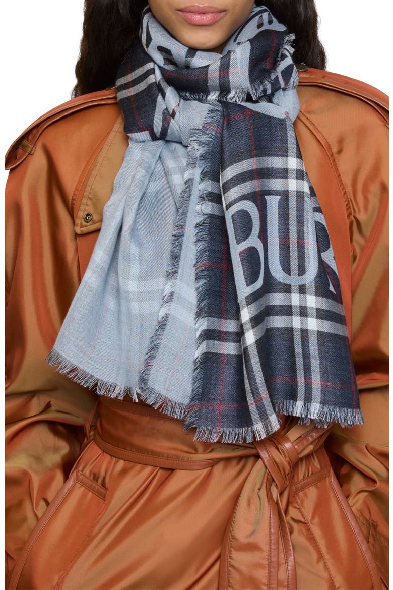 Wide EKD Check Wool & Silk Fringe Scarf, Alternate, color, INK BLUE
