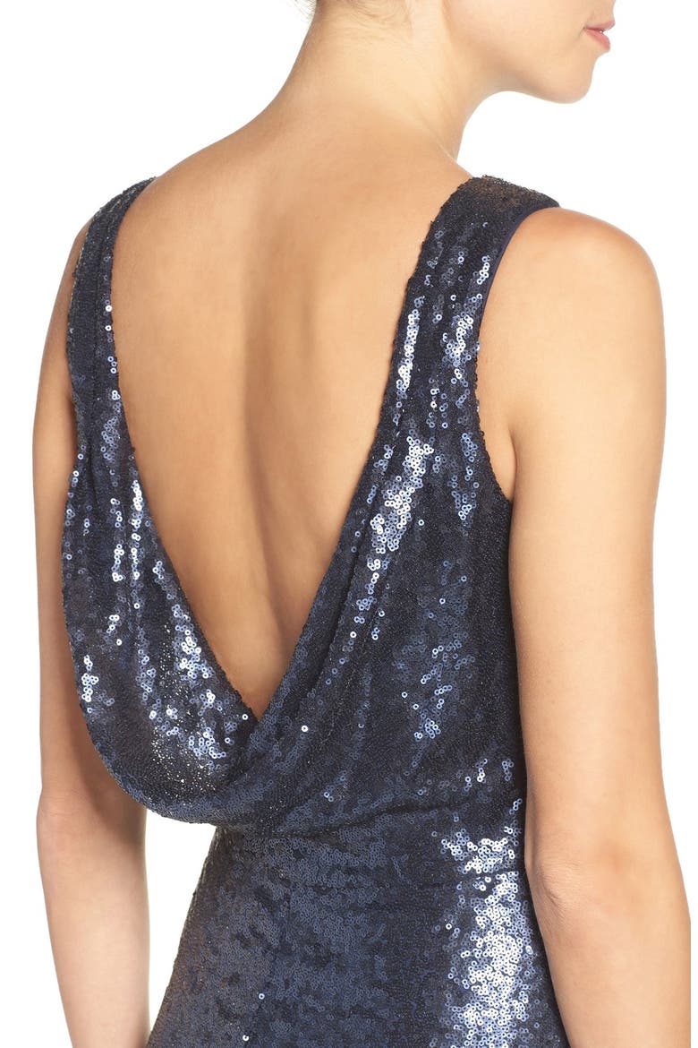 Sleeveless Sequin Drape Back Gown, Alternate, color, MATTE NAVY