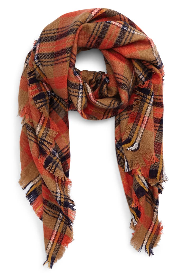Plaid Oblong Scarf, Main, color, ORANGE/ RED MULTI