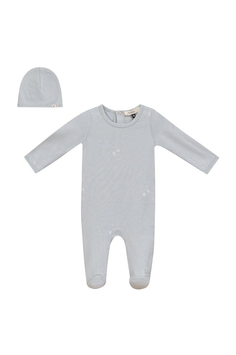 Allover Strawberry and Dot Print Romper with Hat Set, Main, color, Skylight