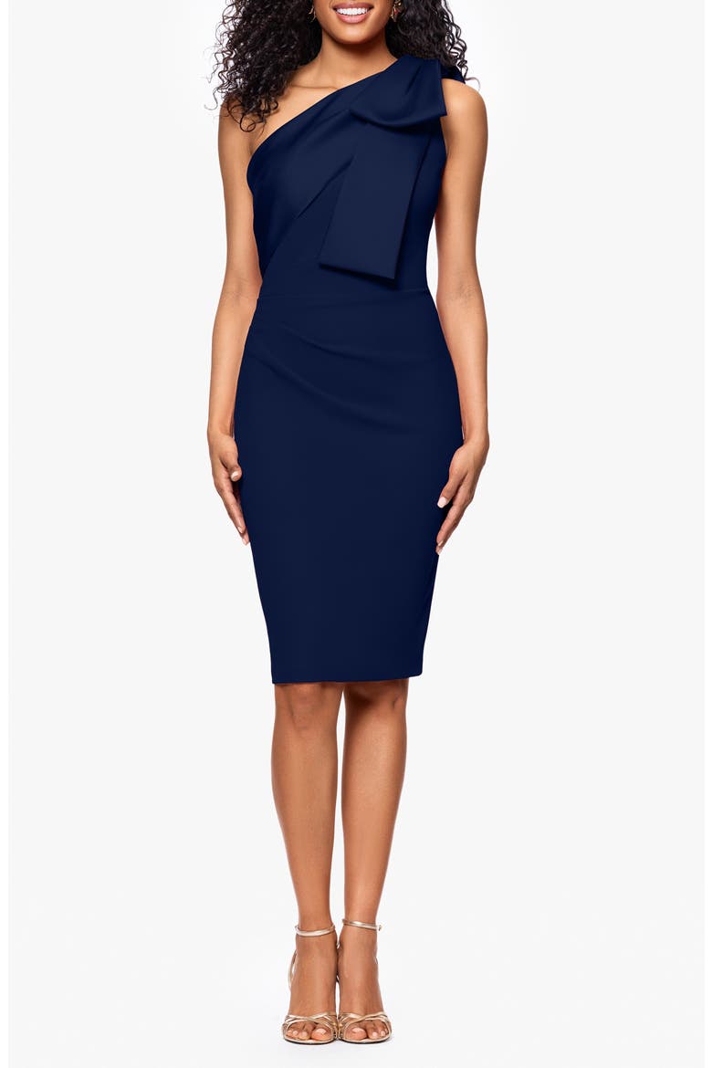 Bow Detail One-Shoulder Scuba Crepe Cocktail Sheath Dress, Main, color, NAVY