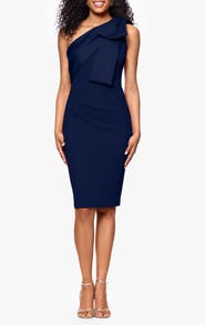 Betsy & Adam Bow Detail One-Shoulder Scuba Crepe Cocktail Sheath Dress