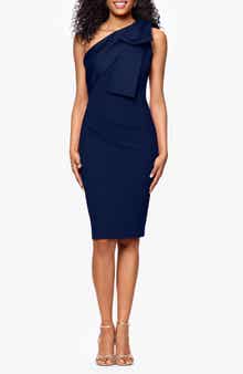 Betsy & Adam Bow Detail One-Shoulder Scuba Crepe Cocktail Sheath Dress
