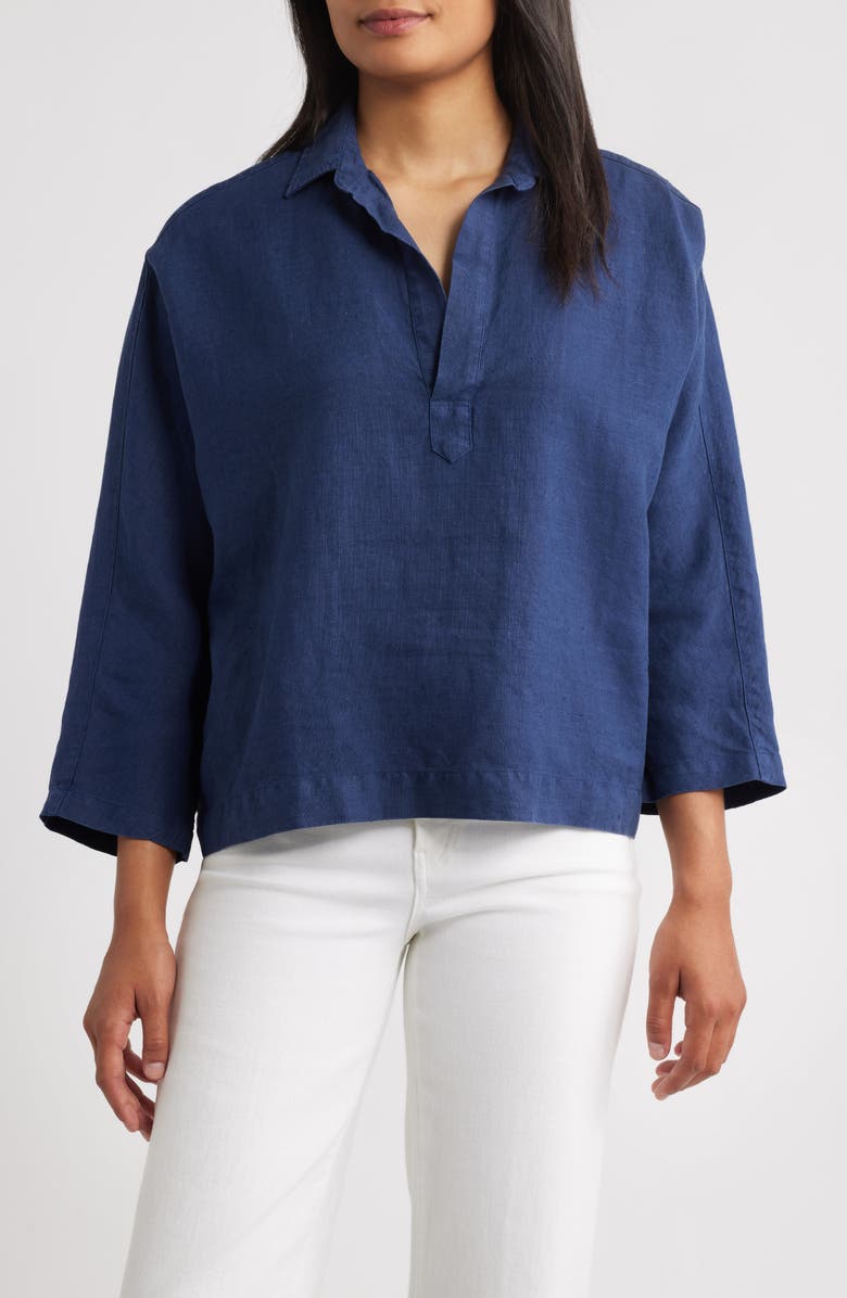 Frank & Eileen Gabi Crop Linen Popover Shirt, Main, color, Navy