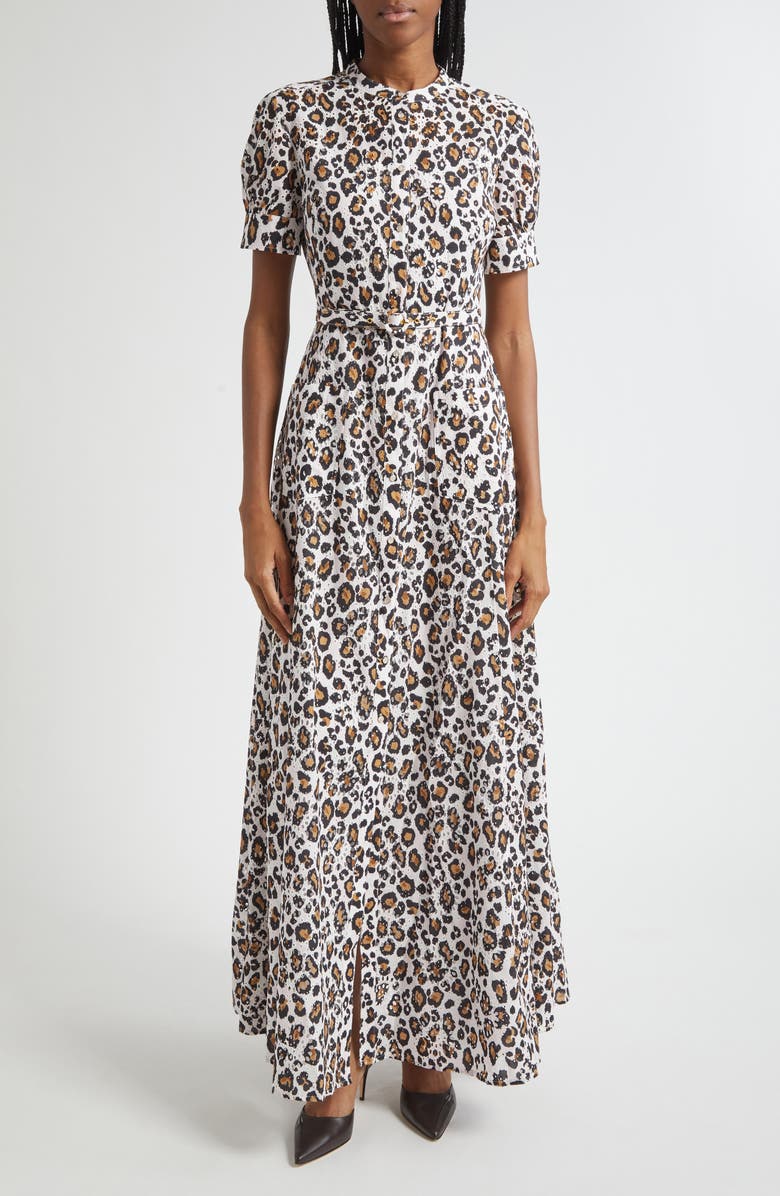ST. JOHN Leopard Print Cotton Eyelet Belted Shirtdress, Main, color, Leopard Print