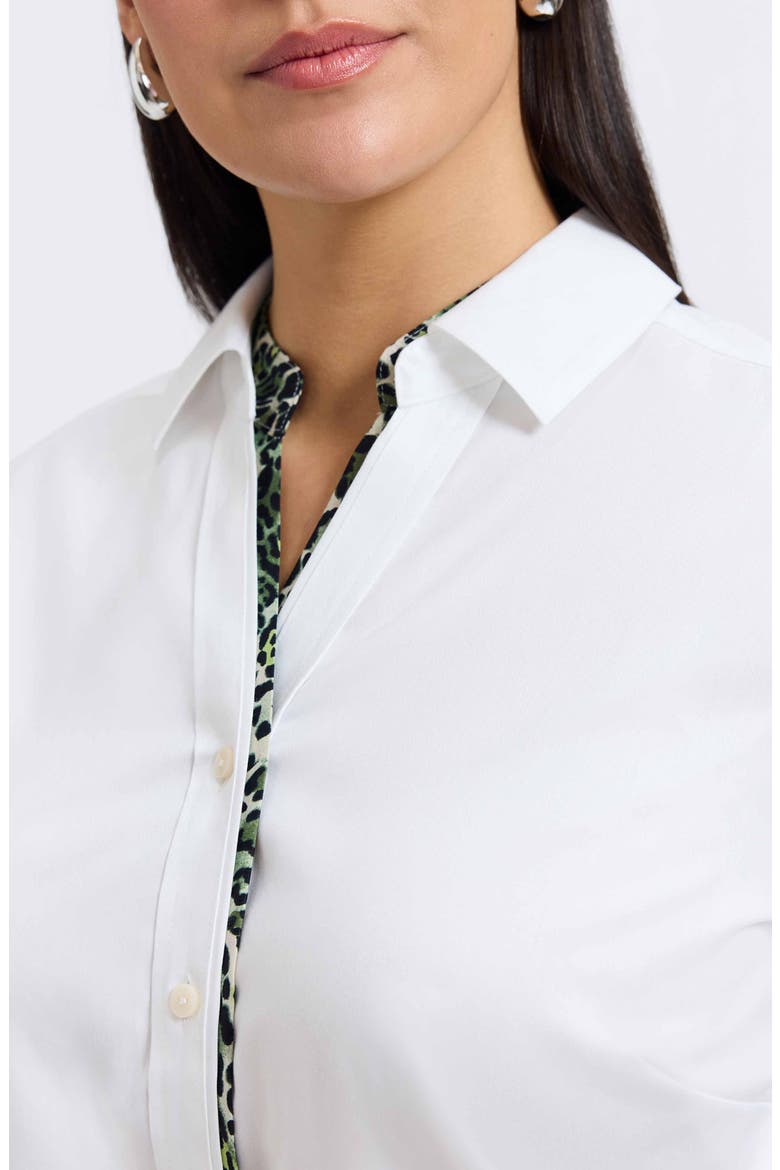 Marlee Leopard Trim Cotton Blend Button-Up Shirt, Alternate, color, WHITE