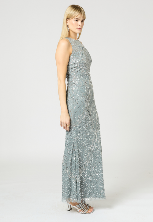Beauut Embellished Sequin Beaded Long Maxi Dress In Gray