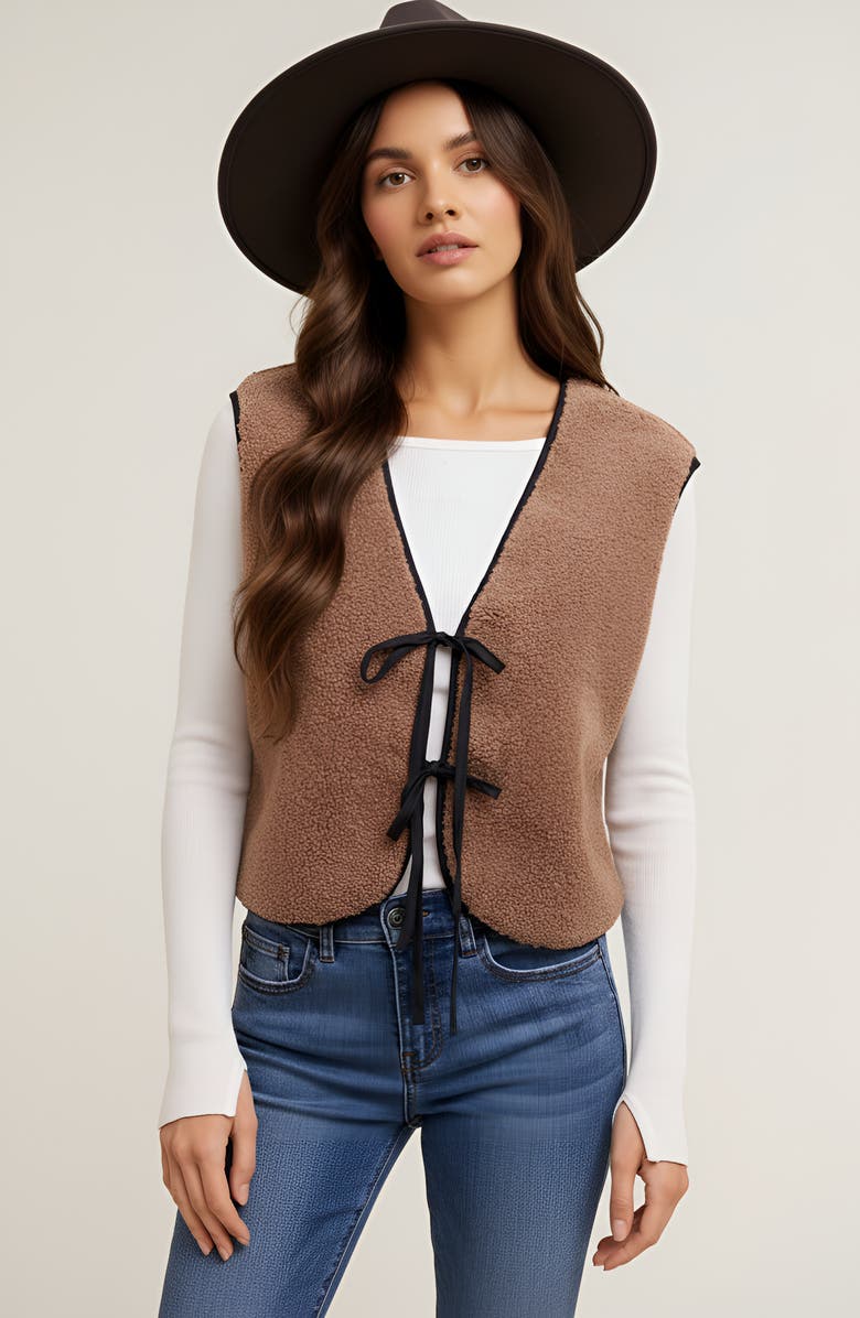 Modenaire Faux Shearling Contrast-Trim Tie-Front Vest, Main, color, Faux Shearling