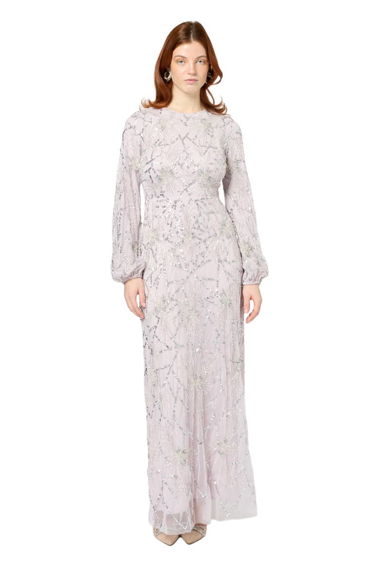 Modest Embellished Sequin Beaded Maxi Dress With Sleeve, Main, color, LILAC