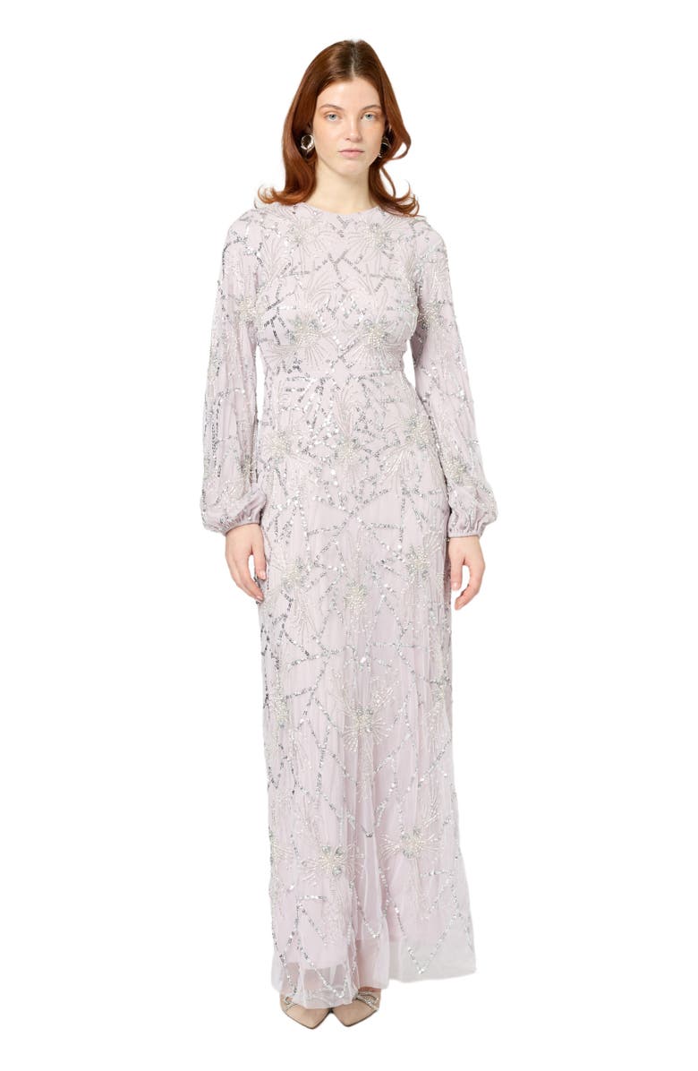 MARYISA Modest Embellished Sequin Beaded Maxi Dress With Sleeve, Main, color, Lilac