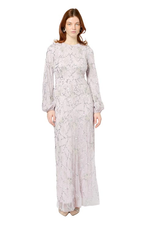Modest Embellished Sequin Beaded Maxi Dress With Sleeve