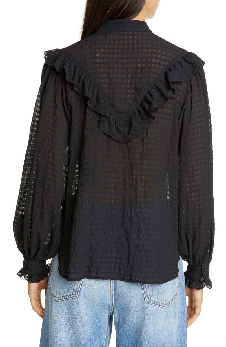 Ganni Ruffle Detail Seersucker Shirt, Alternate, color,