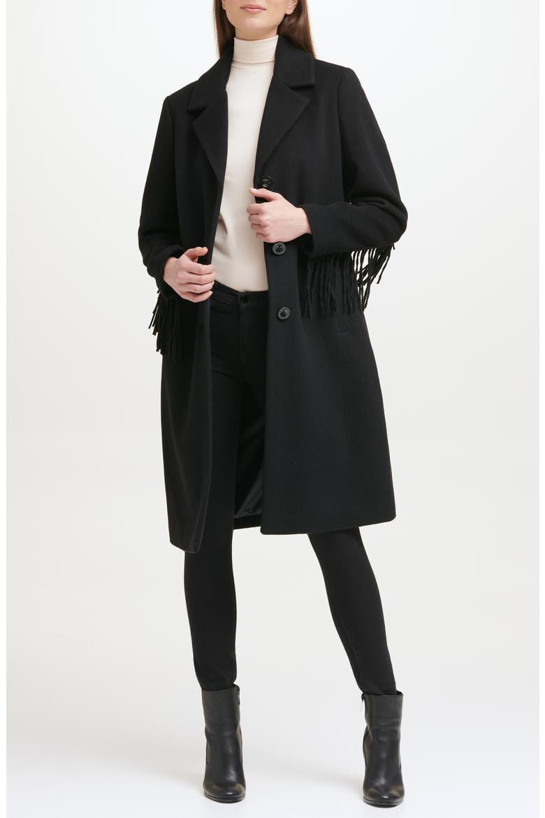 Notched Collar Wool Blend Fringe Coat, Alternate, color, BLACK