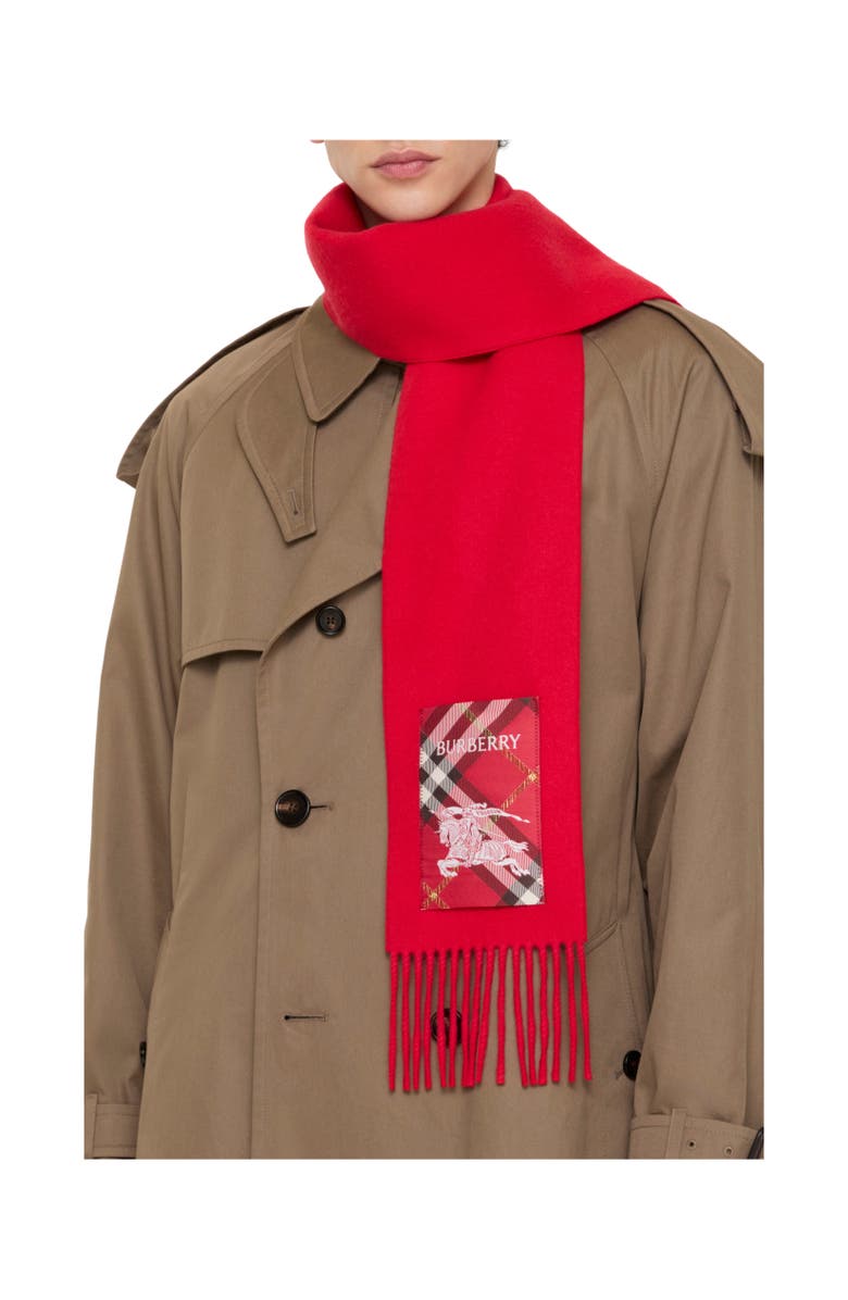 Burberry Check Label Cashmere Scarf, Alternate, color, Crayon Red