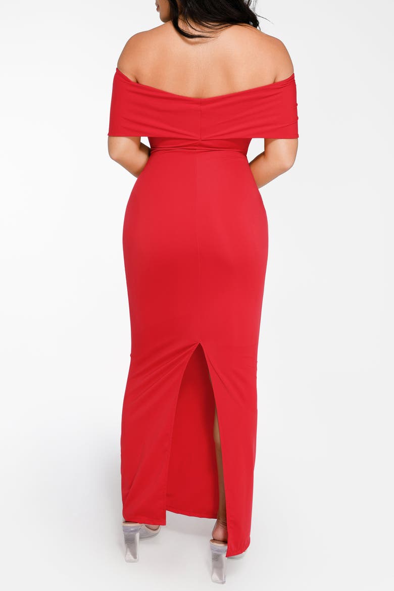 Built In Shapewear Off the Shoulder Column Maxi Dress, Alternate, color, Ruby