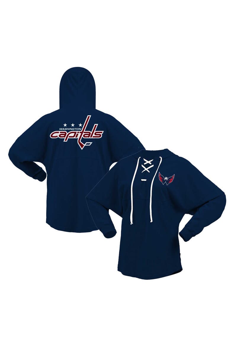 Women's Fanatics Navy Washington Capitals Jersey Lace-Up V-Neck Long Sleeve Hoodie T-Shirt, Main, color, Navy