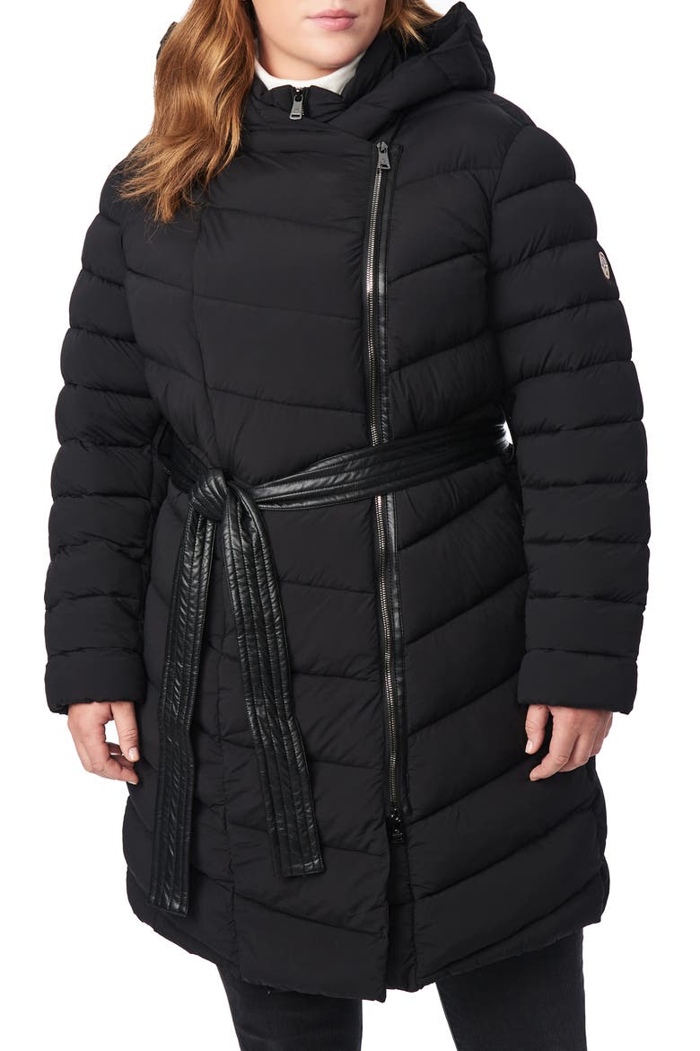 Asymmetrical Zip Belted Puffer Coat, Main, color, BLACK