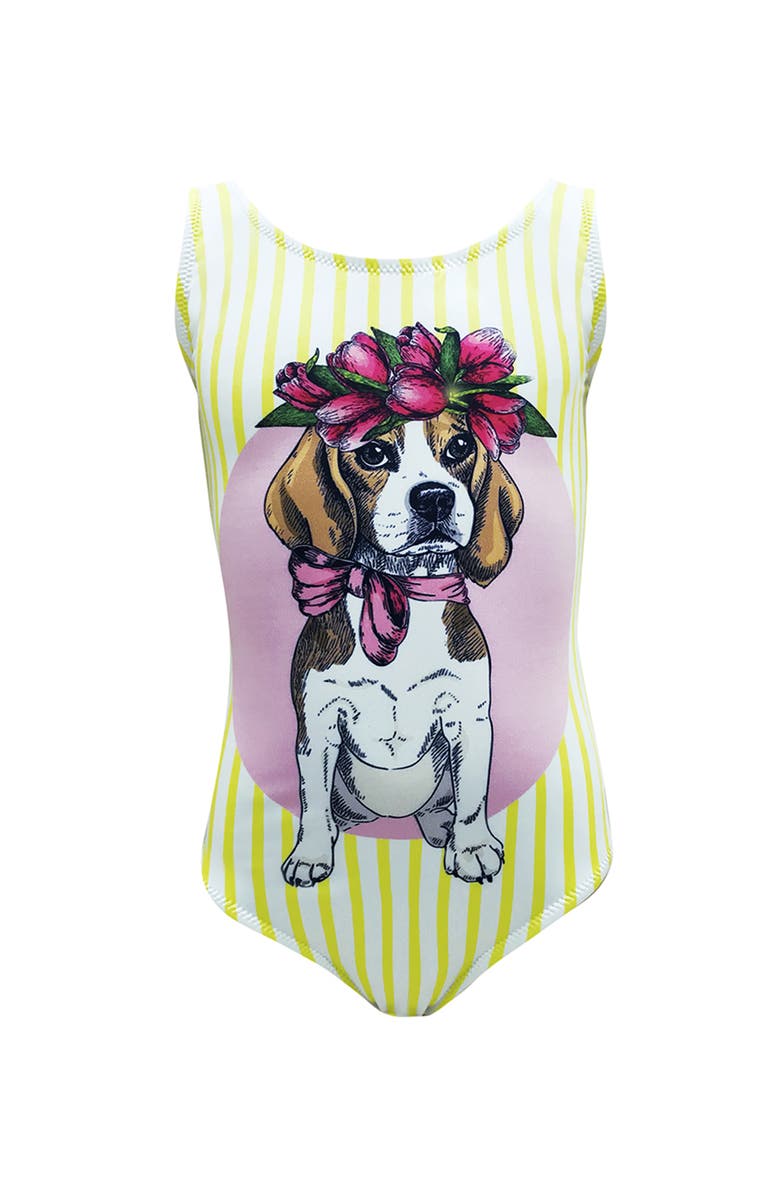 NESSI BYRD Flower Crown Beagle Graphic Striped One Piece Swimsuit, Toddler, Little Kid & Big Kid, Main, color, Multicolor
