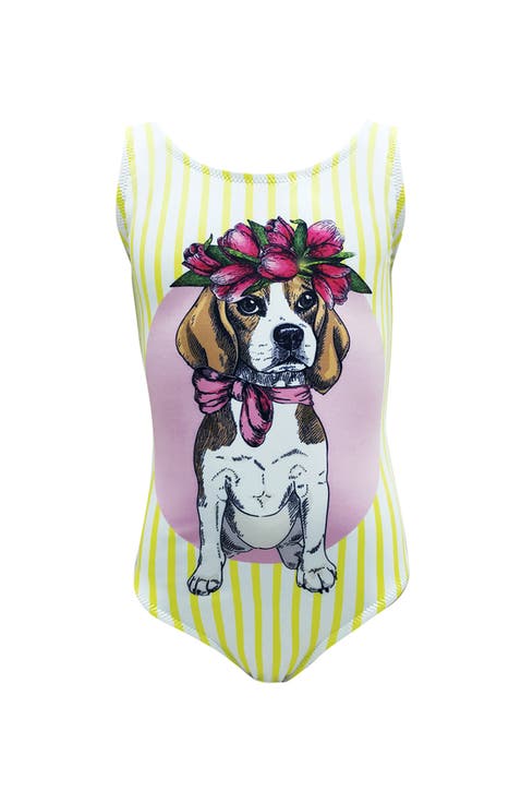 Flower Crown Beagle Graphic Striped One Piece Swimsuit, Toddler, Little Kid & Big Kid