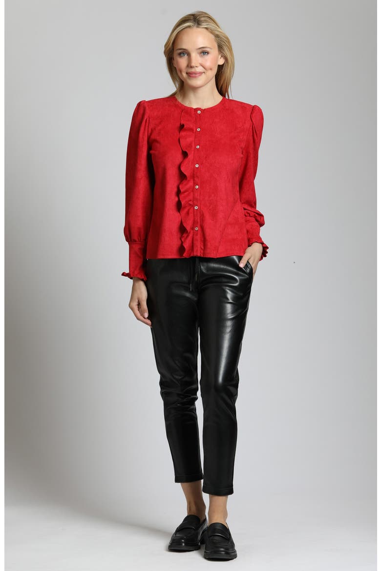 Ruffle Puff Sleeve Faux Suede Button-Up Shirt, Alternate, color, RED