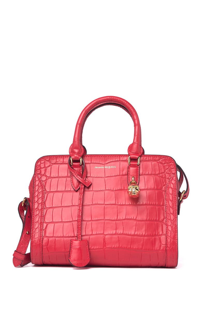 McQueen Croc Embossed Leather Small Zip Shoulder Bag, Main, color, 