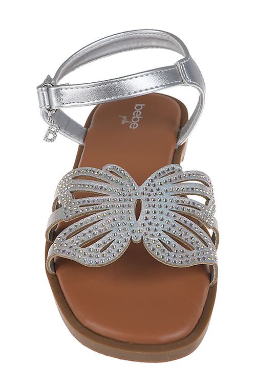 Bebe Little Girls Flat With Butterfly Rhinestone Welt Sandals In Metallic Silver