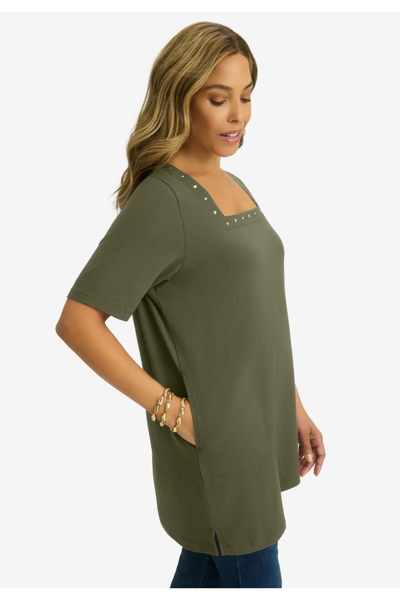 Stretch Cotton Studded Square Neck Tunic, Alternate, color, DARK OLIVE GREEN GOLD STUD