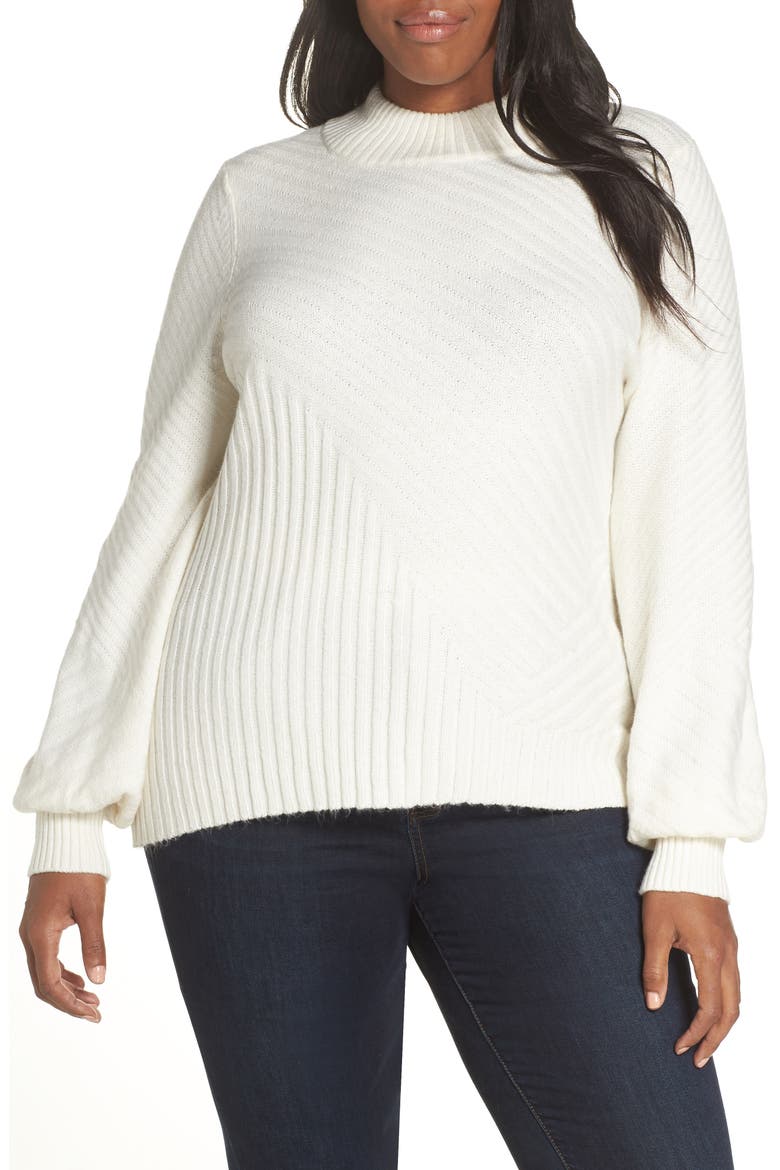 Mix Cable Balloon Sleeve Cotton Blend Sweater, Alternate, color, ANTIQUE WHITE