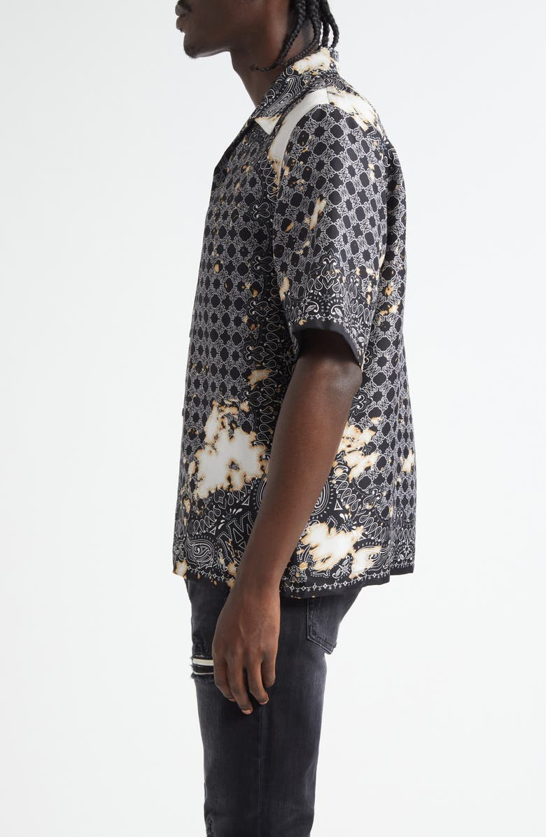 AMIRI Bleach Splatter Bandana Silk Bowling Shirt, Alternate, color, Black