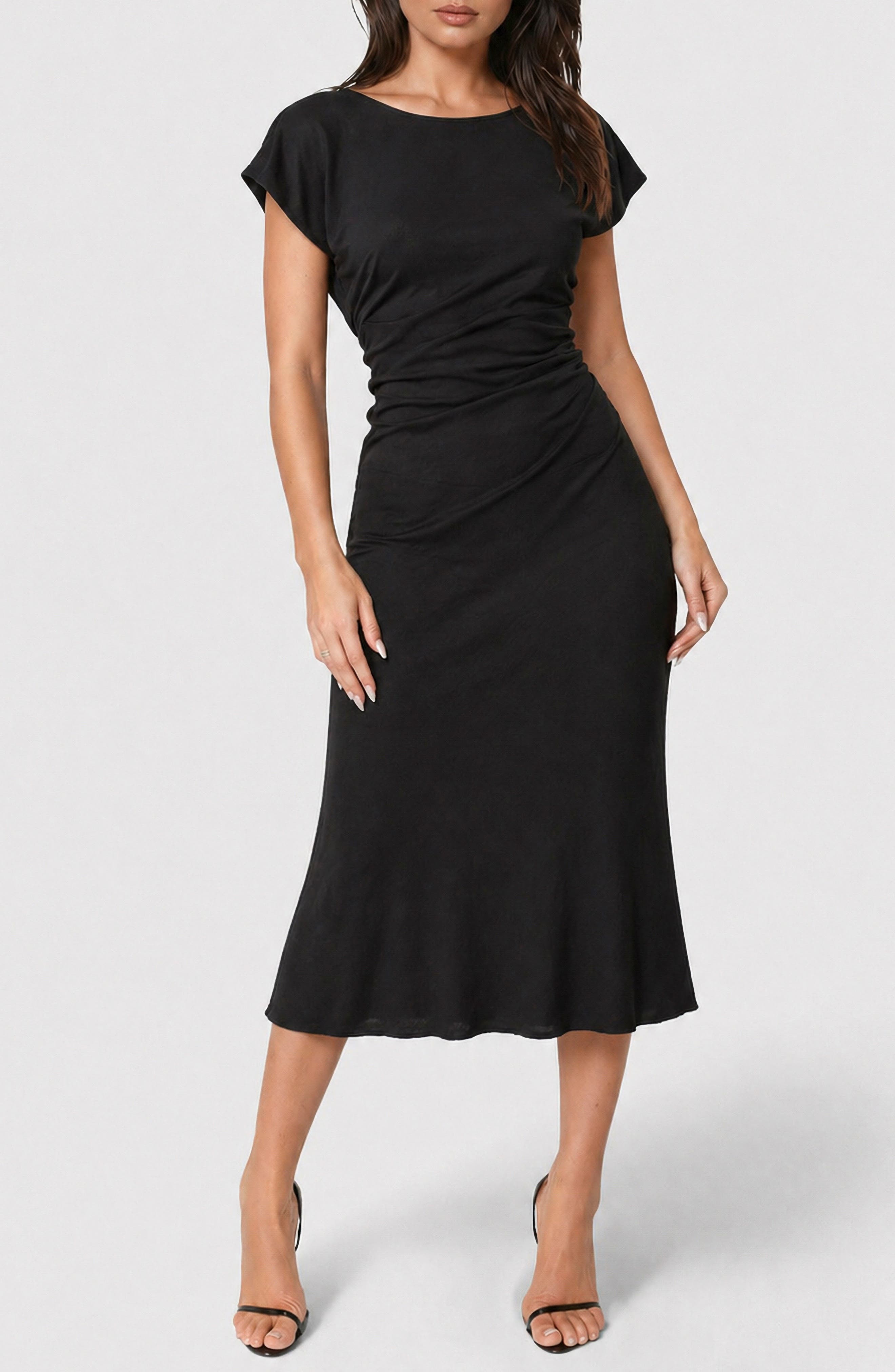 bebe Crushed Satin Draped Back Midi Dress