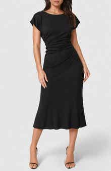 bebe Crushed Satin Draped Back Midi Dress