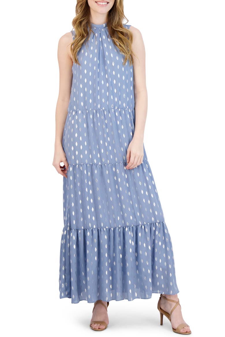Donna Ricco Foil Dot Tiered Maxi Dress, Main, color, BLUE/SILVE