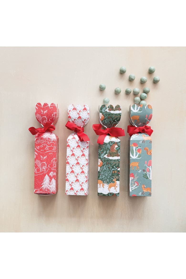Tall Paper Gift Boxes with Woodland Flora and Fauna Pattern and Red Ribbons, Multicolor, Set of 4, Alternate, color, Red