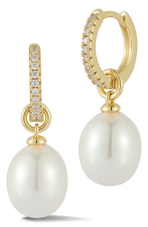 Cubic Zirconia & Imitation Pearl Charm Huggie Hoop Earrings