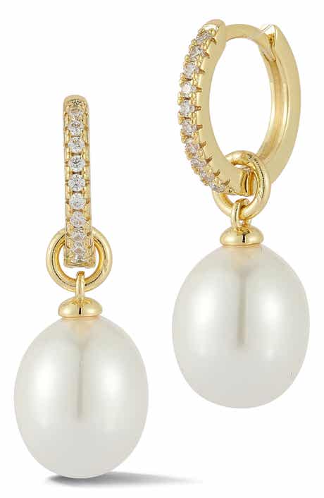 Cubic Zirconia & Imitation Pearl Charm Huggie Hoop Earrings