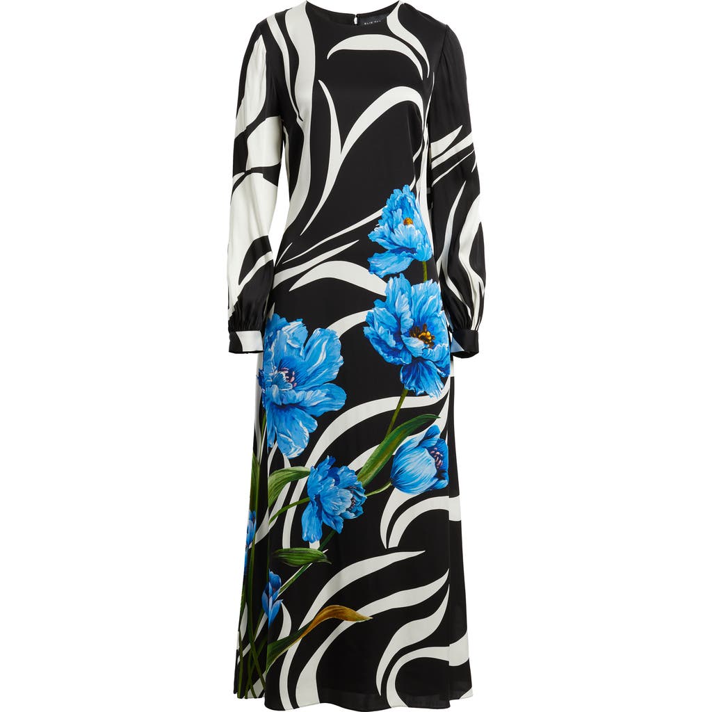 Elie Tahari The Renata Mixed Print Long Sleeve Silk Blend Maxi Dress In Black