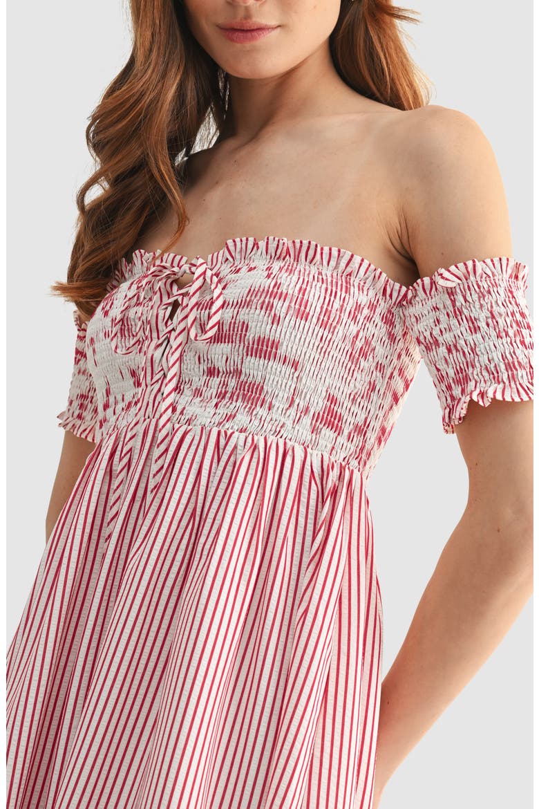 Smocked Off the Shoulder Midi Dress, Alternate, color, RED STRIPE