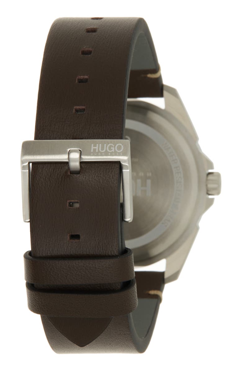 HUGO #Adventure Leather Strap Watch, 42mm, Alternate, color, Blue