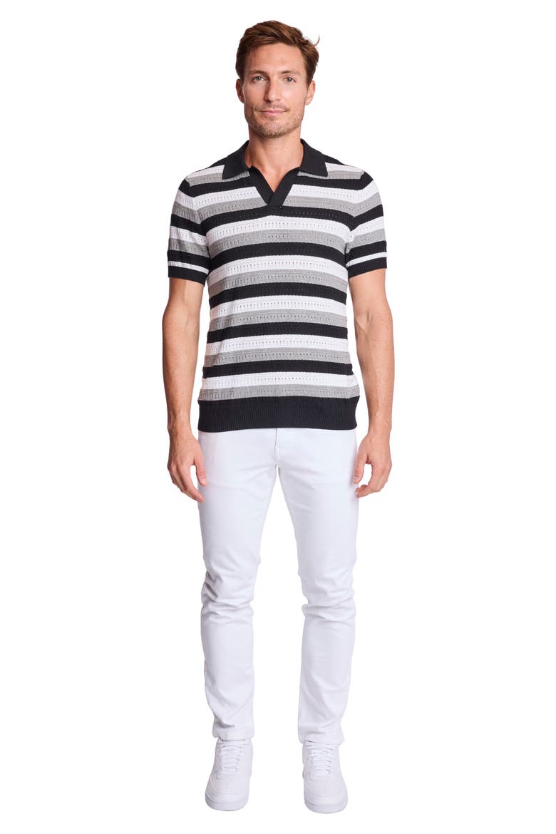 Trim Fit Johnny Collar Stripe Knit Polo, Alternate, color, BLACK SOY MIST