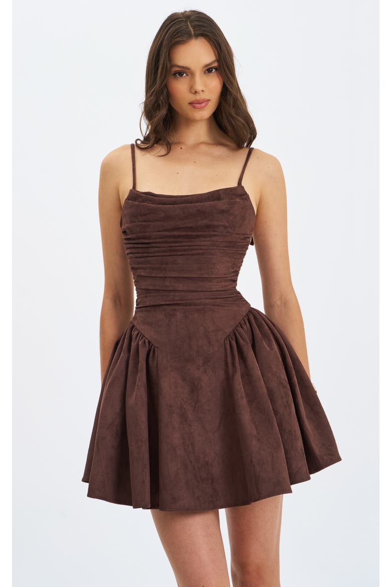 Raisa Vegan Suede Ruched Mini Dress, Main, color, Mahogany