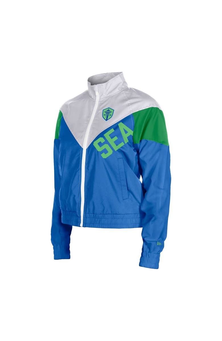 5TH AND OCEAN BY NEW ERA Women's 5th & Ocean by New Era  Blue Seattle Sounders FC Leisure Cropped Full-Zip Windbreaker Jacket, Alternate, color, Blue
