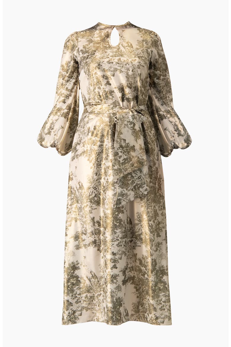Botanical Print Satin, Long Sleeve Belted Keyhole Midi Dress, Alternate, color, Olive Green