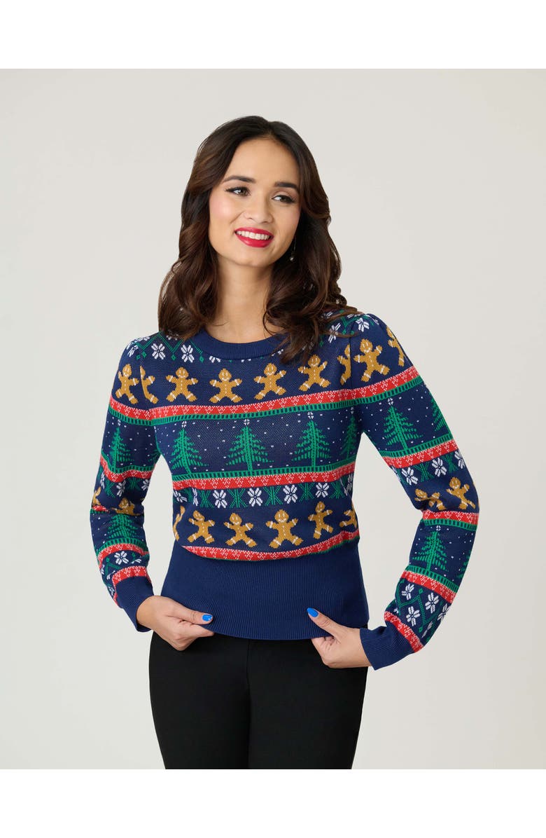 Unique Vintage Long Sleeve Fair Isle Sweater, Alternate, color, Navy Gingerbread Print