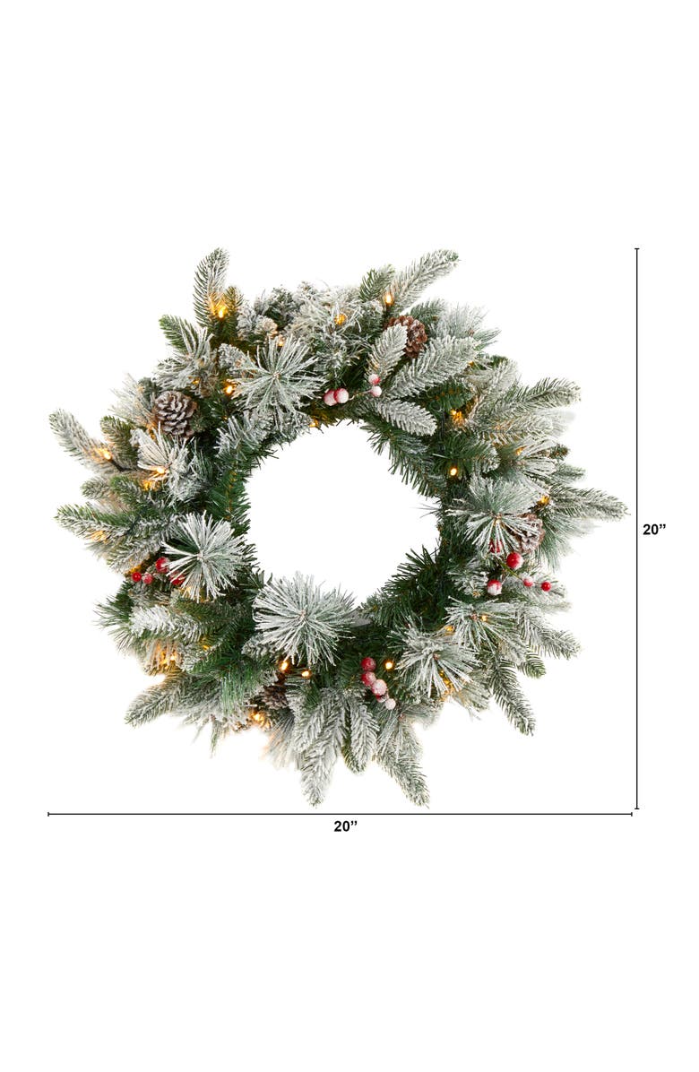 NEARLY NATURAL 20-in Flocked Mixed Pine Artificial Christmas Wreath with 50 LED Lights, Pine Cones and Berries, Alternate, color, Green