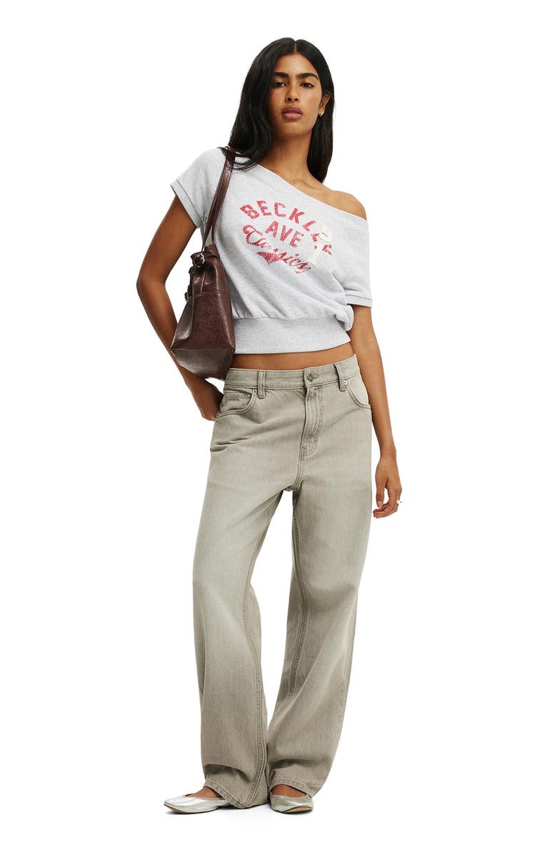 Cotton On Women's Short Sleeve Off Shoulder Sweatshirt, Alternate, color, Soft Grey Marle Beckley