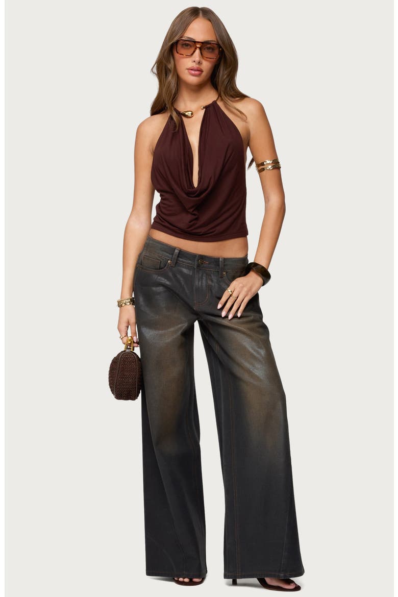 Mileva Cuff Hardware Cowl Neck Halter Top, Alternate, color, BROWN