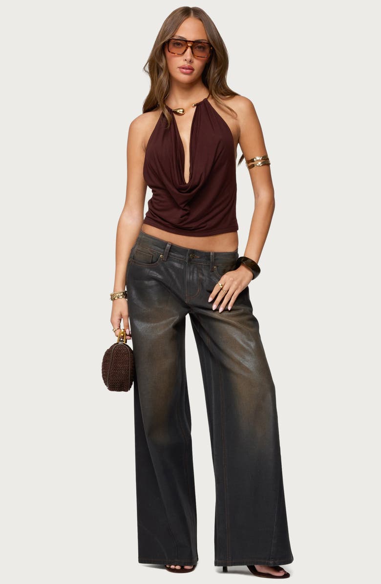 EDIKTED Mileva Cuff Hardware Cowl Neck Halter Top, Alternate, color, Brown