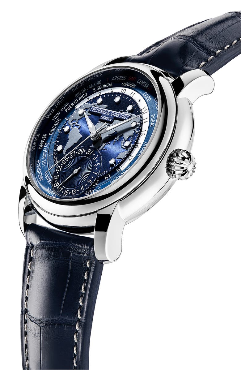 FREDERIQUE CONSTANT Classic Manufacture Worldtimer Navy Automatic Leather Strap Watch, 42mm, Alternate, color, Navy/ Silver