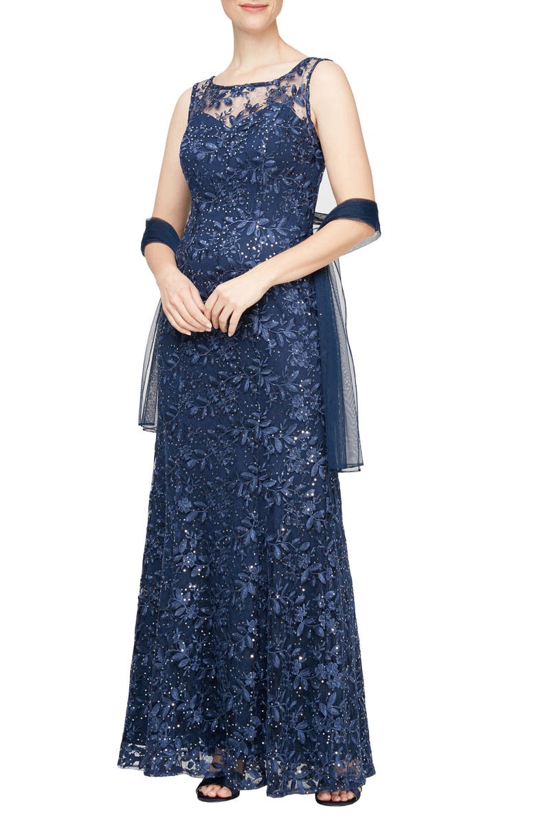 Alex Evenings Embroidered Illusion Neck Gown with Shawl, Main, color,