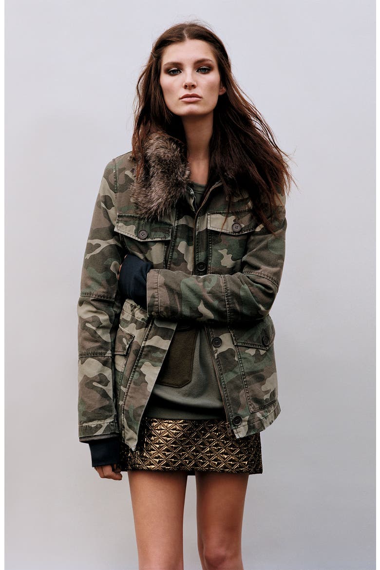 Faux Fur Lined Camo Utility Jacket, Alternate, color, KHAKI